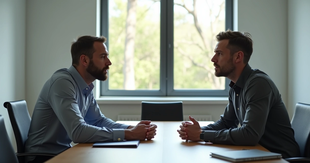 Dois colegas conversando em sala de reunião de escritório 