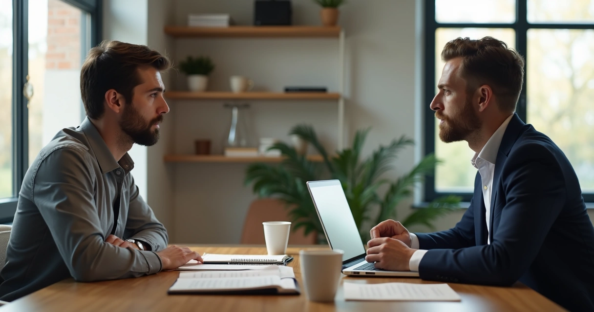 Duas pessoas sentadas à mesa conversando de forma séria, mas respeitosa 