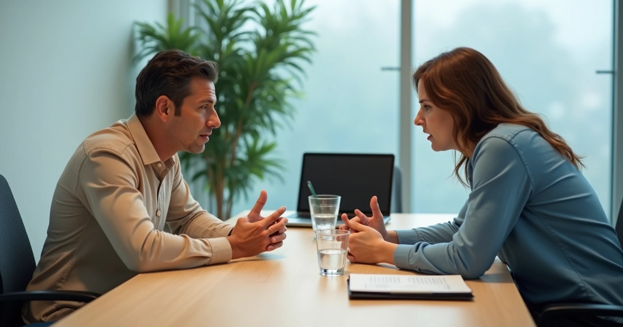 Duas pessoas conversando frente a frente em uma reunião séria e respeitosa 