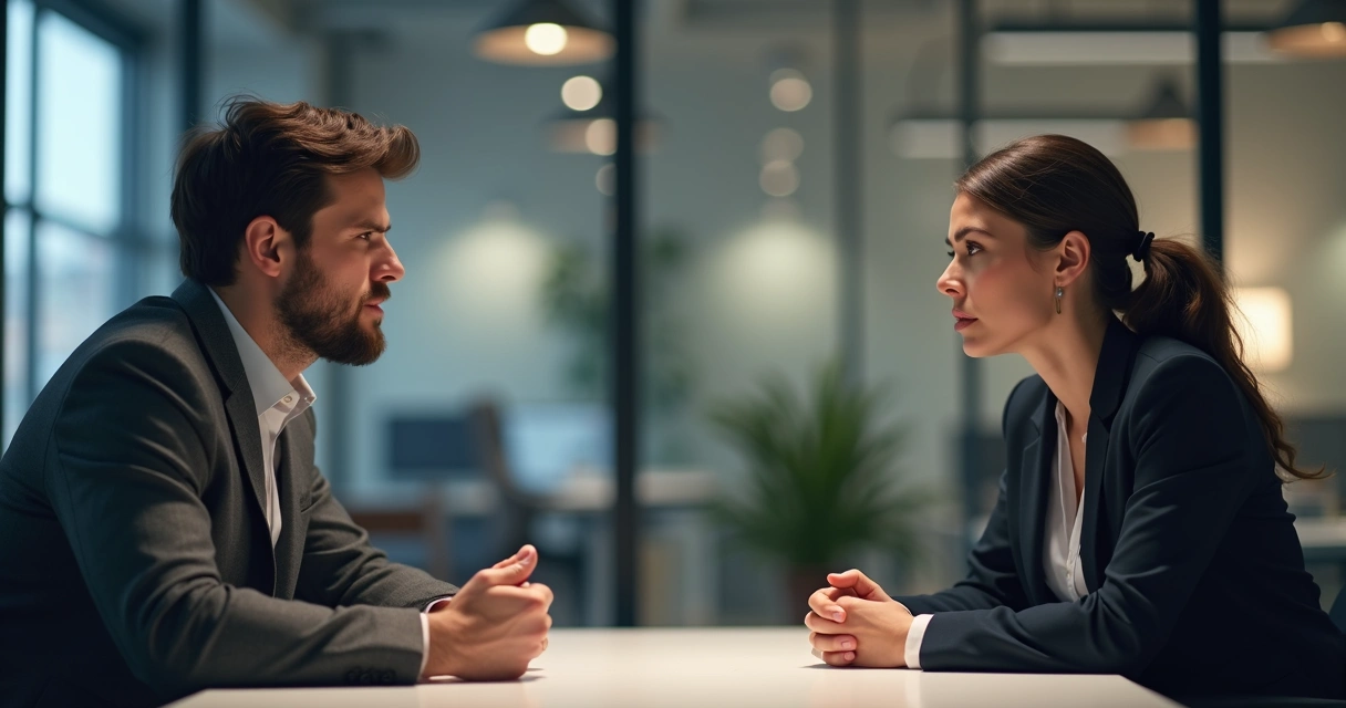 Dois colegas de trabalho em conversa séria em ambiente corporativo 