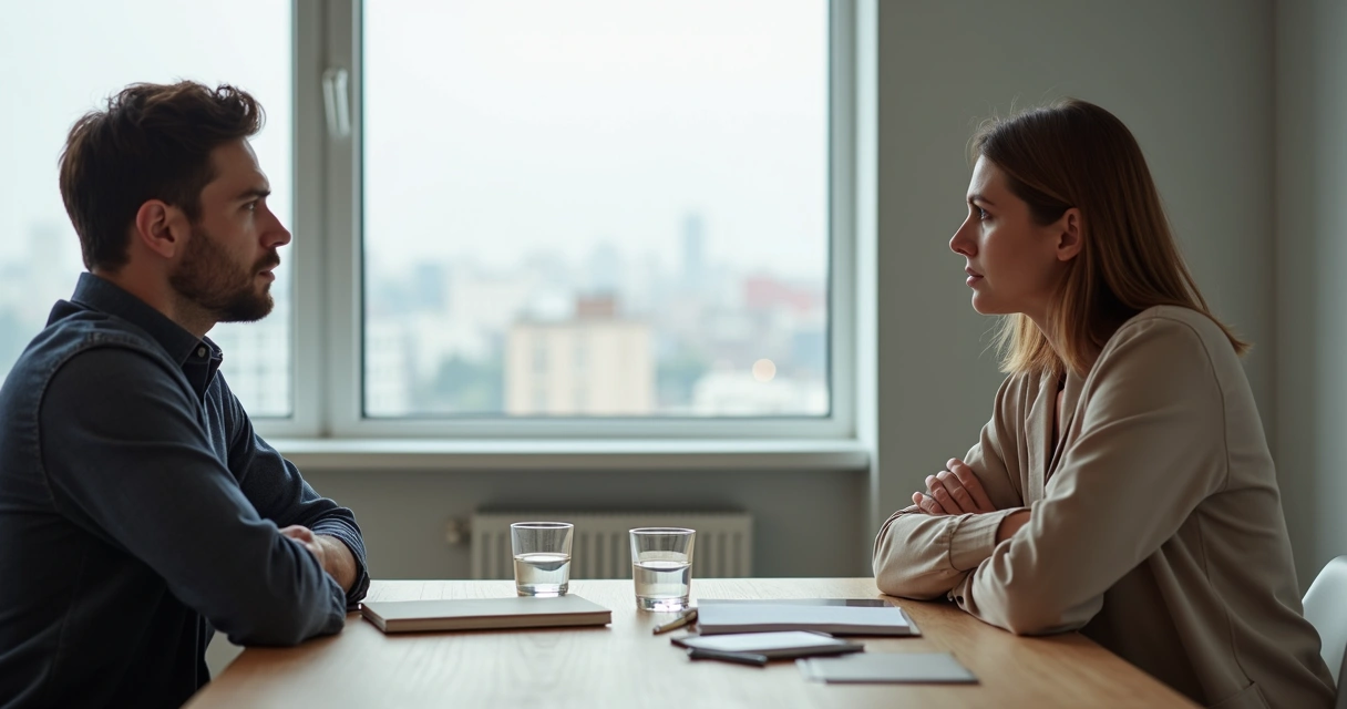 Duas pessoas em lados opostos de uma mesa tendo uma conversa séria 