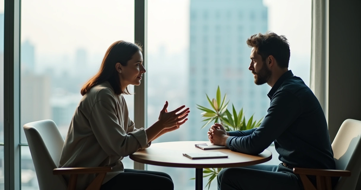 Duas pessoas em uma conversa séria frente a frente em uma sala de reunião moderna 