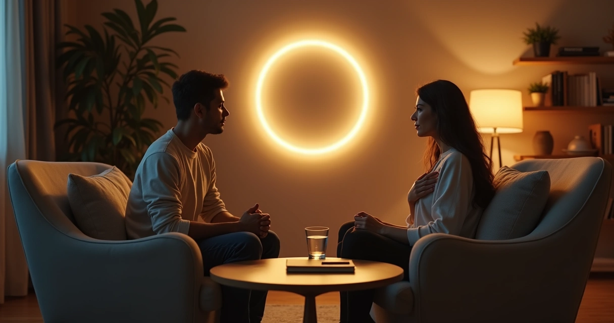 Duas pessoas em sofá oposto com círculo de luz suave entre elas 