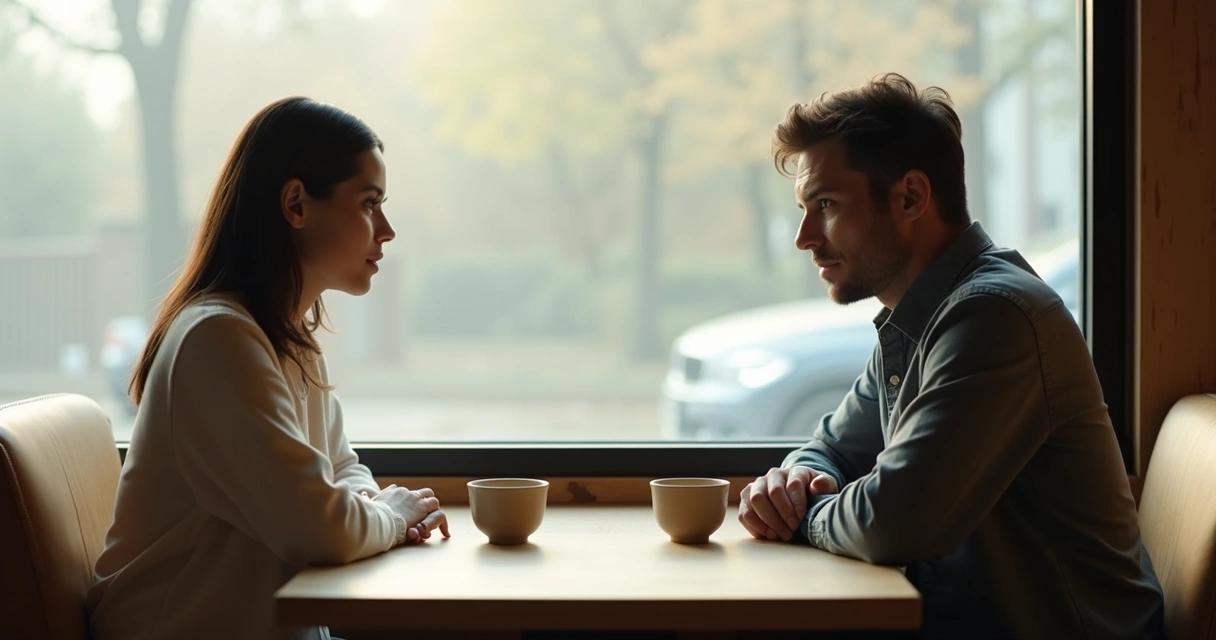 Duas pessoas conversando com calma em mesa de café, mantendo contato visual atento 