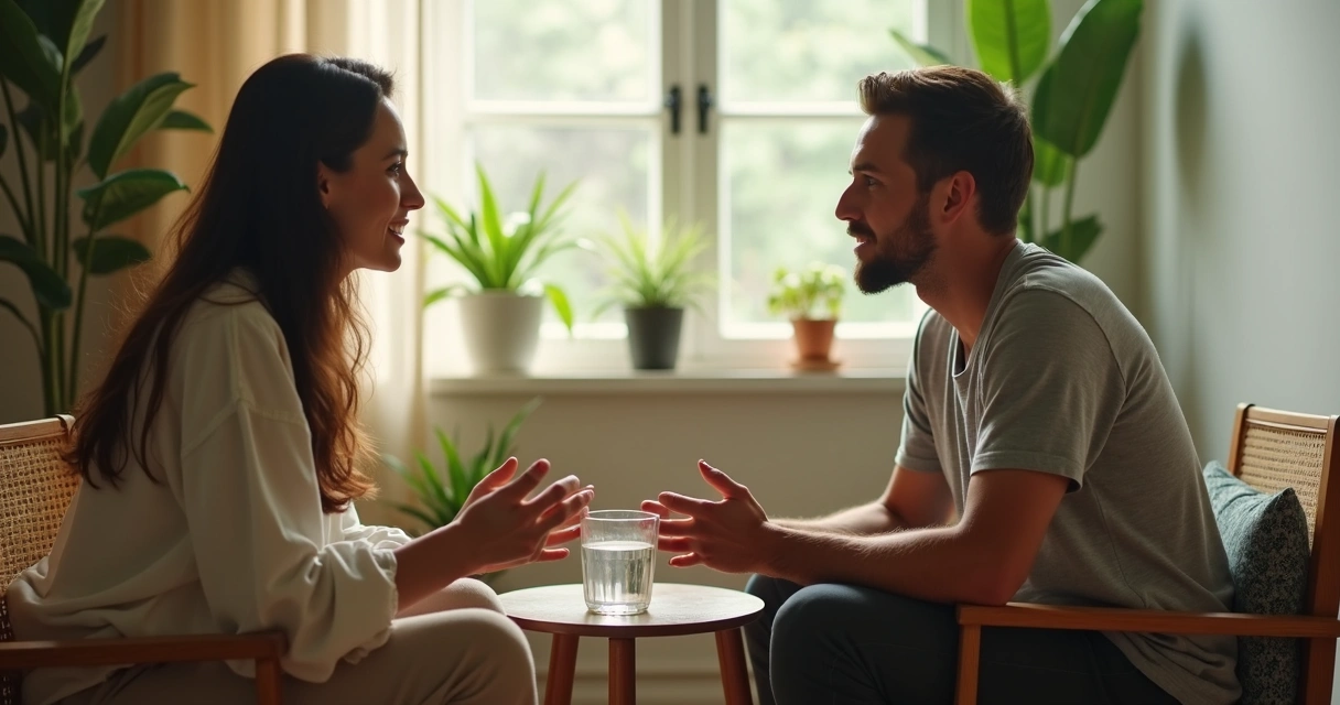 Duas pessoas em conversa séria e respeitosa em ambiente interno 