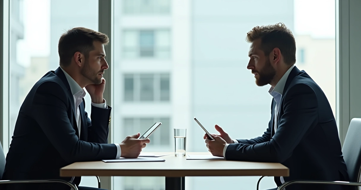 Dois colegas conversando seriamente em sala de reunião, clima tenso mas respeitoso