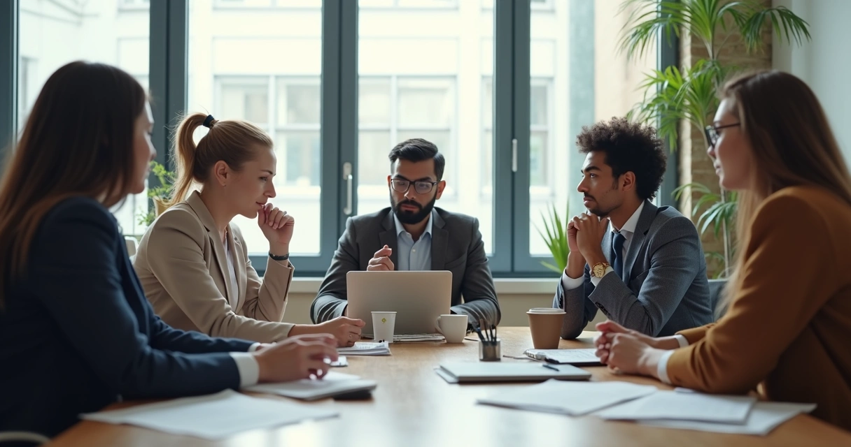 Grupo de colegas de trabalho sentados em mesa, discutindo seriamente, papéis e computadores ao redor, expressão atenta 