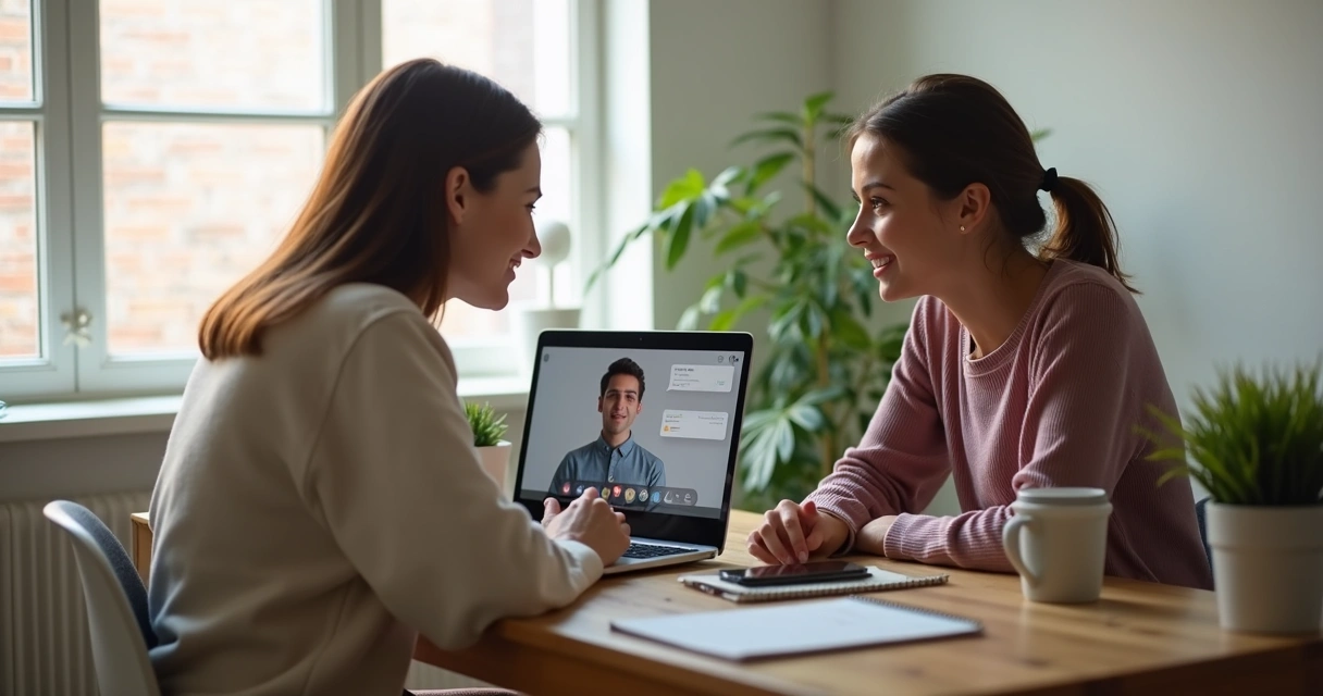 Duas pessoas em videochamada com mensagens na tela 