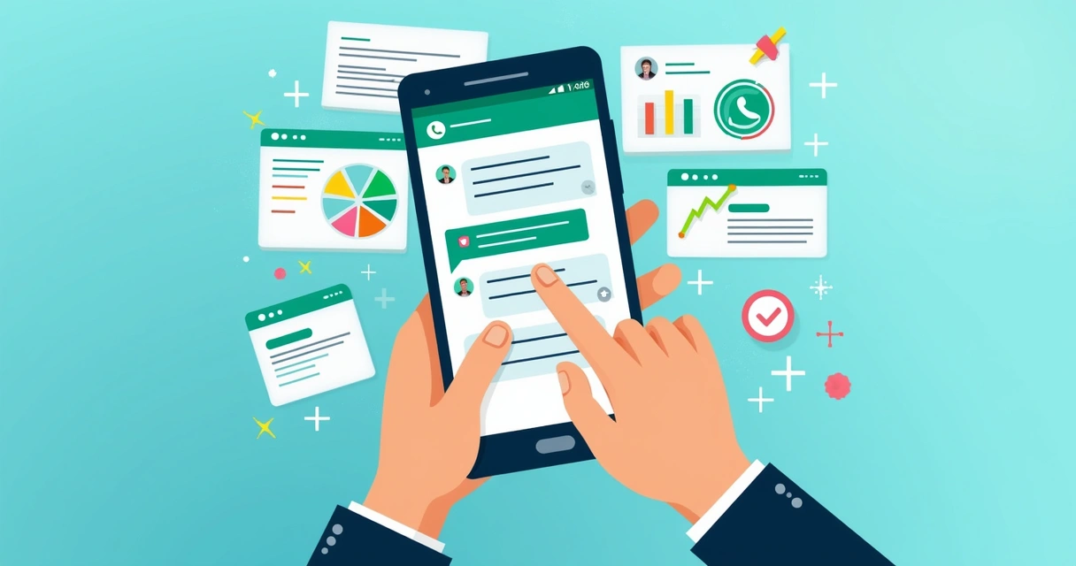 Pessoa digitando em celular com tela de mensagens e gráficos de vendas ao fundo 