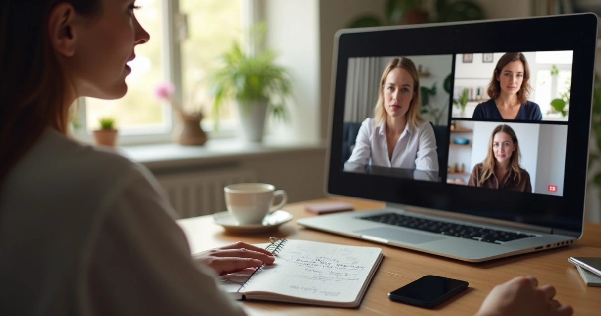 Pessoa em videochamada observando expressões na tela e fazendo anotações 