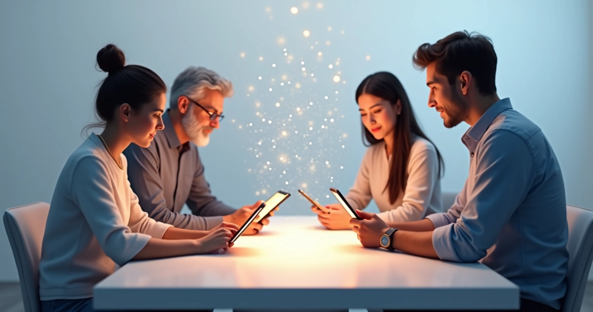 Quatro pessoas ao redor de uma mesa interagindo com tablets e smartphones