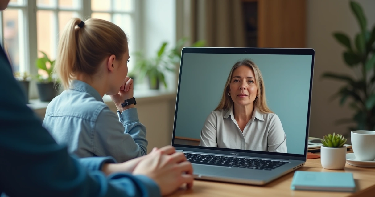 Duas pessoas em videochamada com expressão atenta e respeitosa