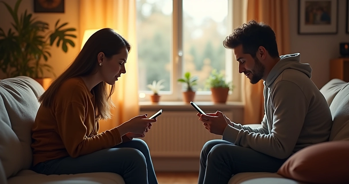 Duas pessoas trocam mensagens em celulares sentados separadamente em ambiente iluminado. 