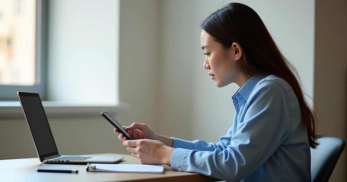 Pessoa olhando celular com expressão serena em ambiente de trabalho calmo