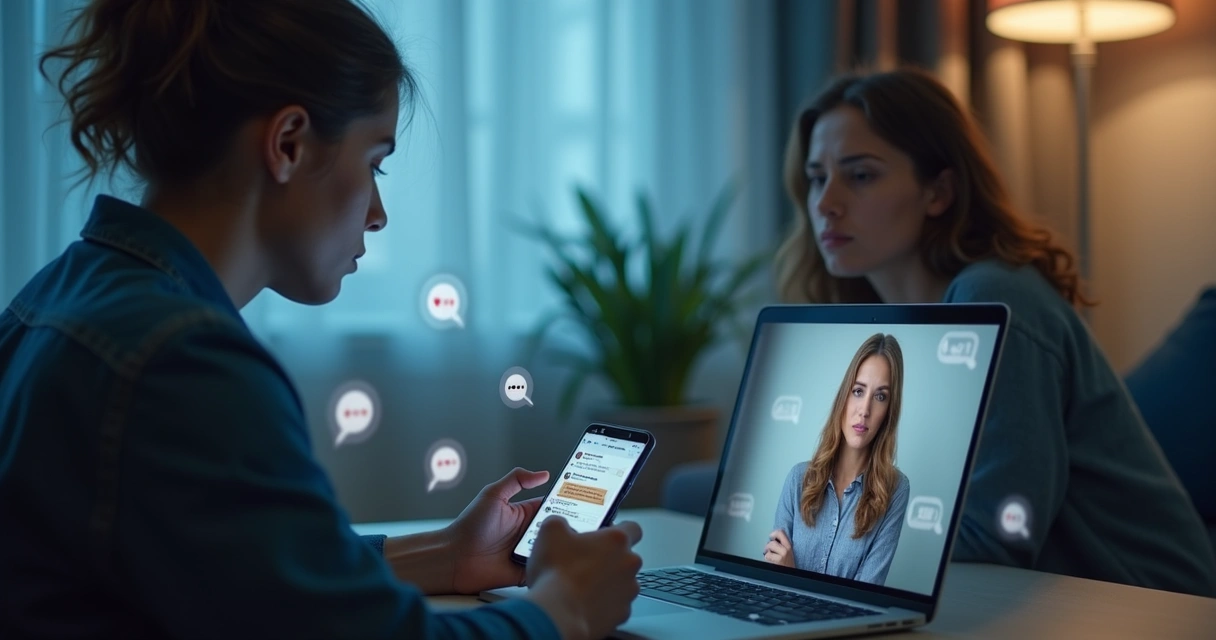 Duas pessoas em videochamada com mensagens tensas na tela