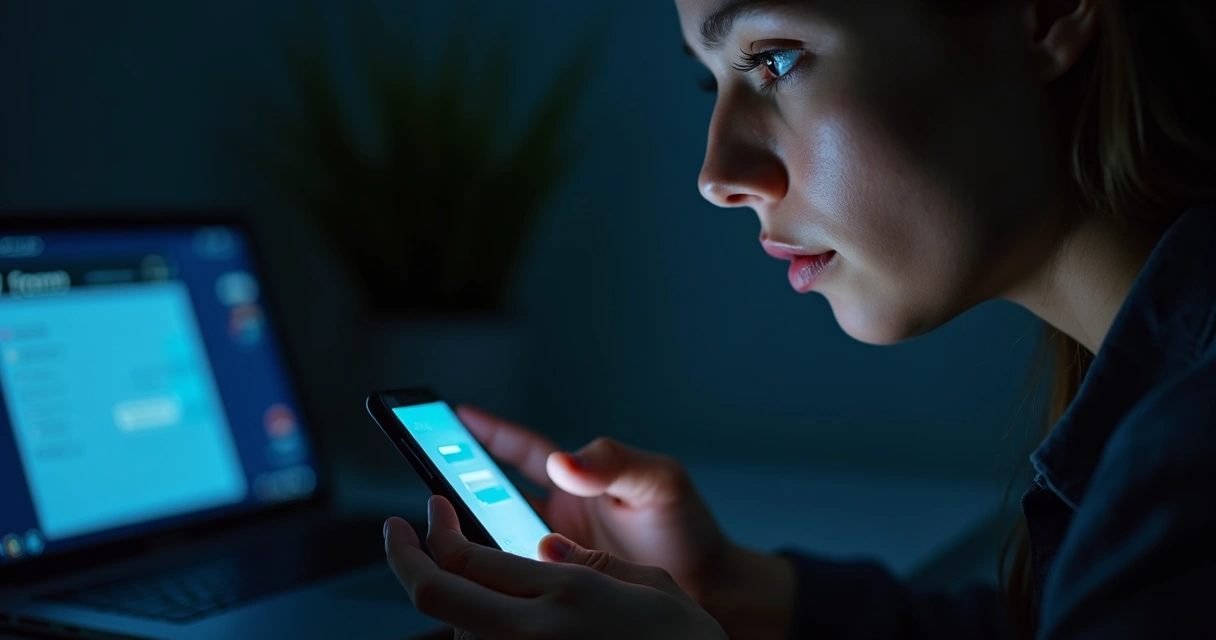 Pessoa olhando mensagens tensas no celular em ambiente escuro