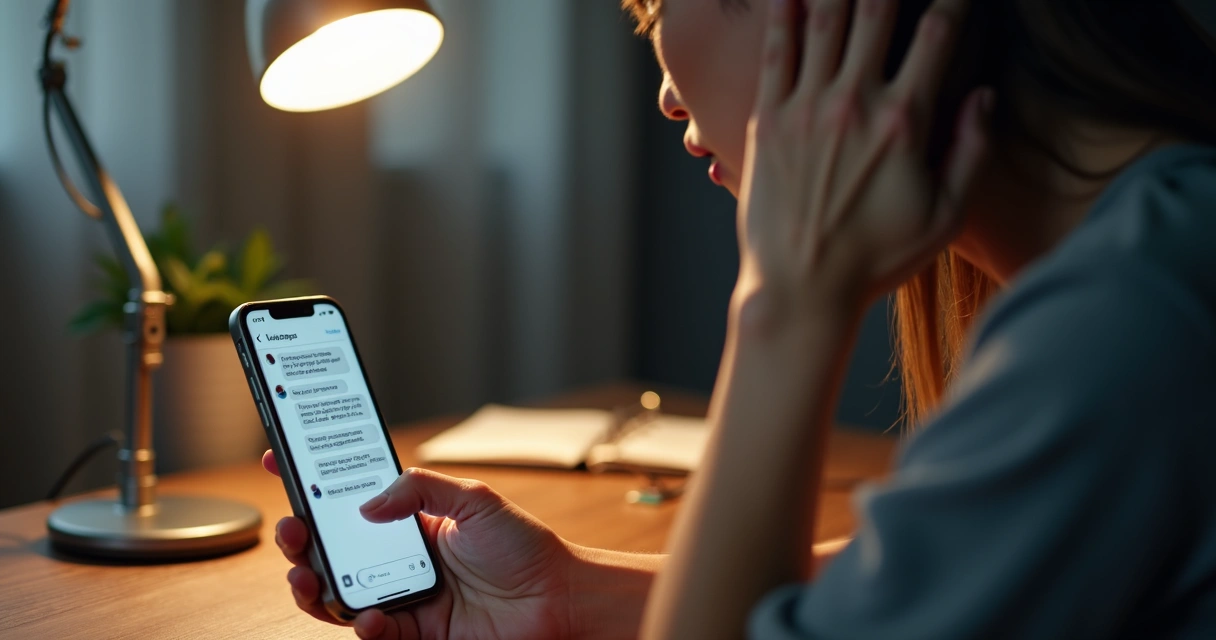 Tela de celular com conversa tensa e pessoa pensativa 