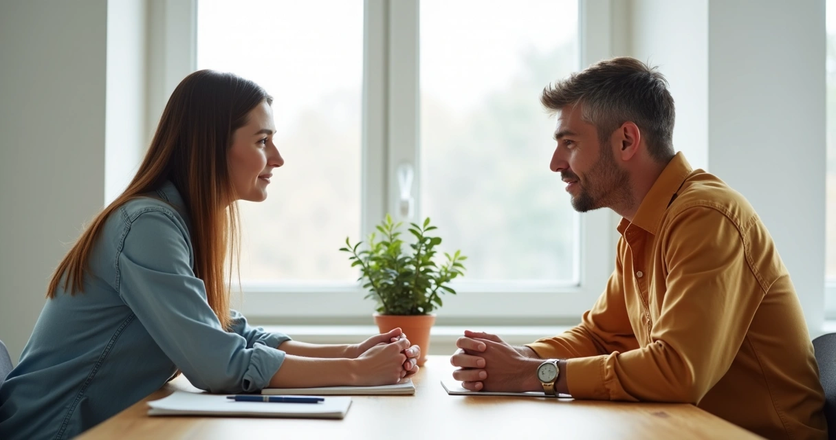 Dupla de pessoas conversando com expressão sincera em mesa de escritório