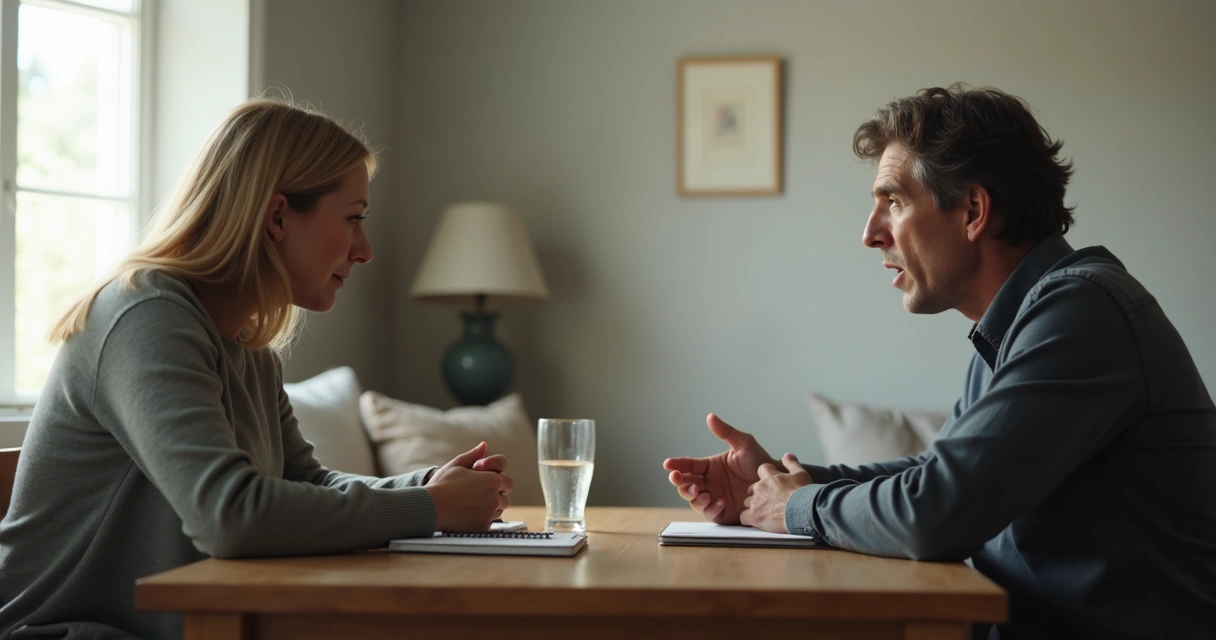 Duas pessoas sentadas à mesa com expressão distante durante uma conversa 