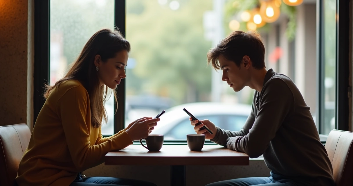 Duas pessoas conversando enquanto usam celulares