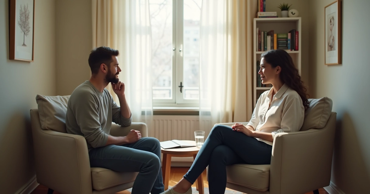 Duas pessoas conversando em ambiente calmo e acolhedor 