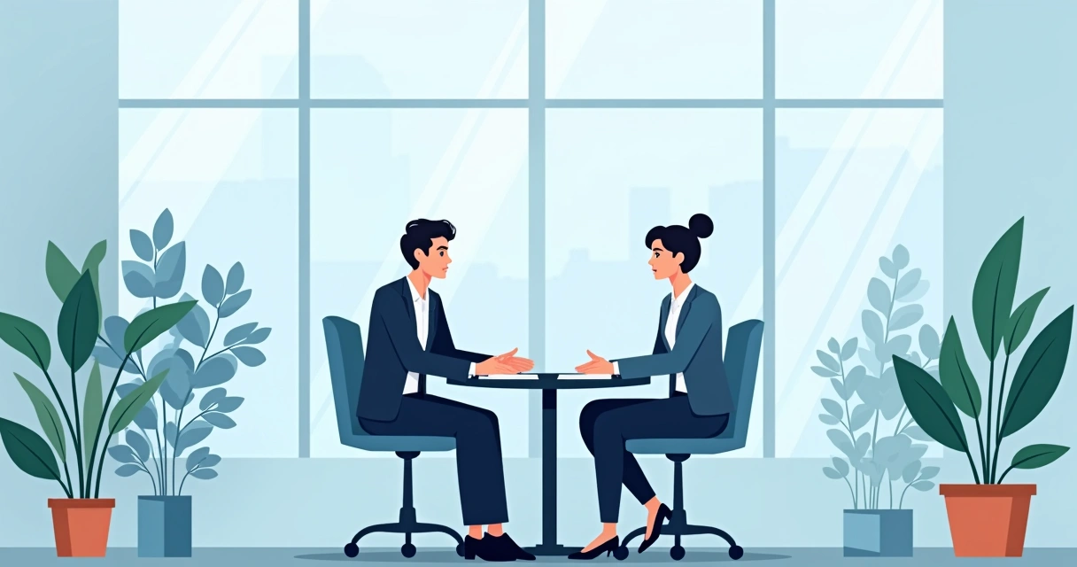 Duas pessoas em um escritório conversando em ambiente tranquilo