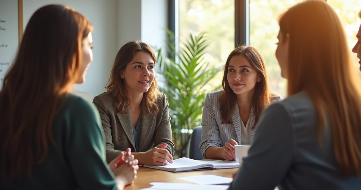 Grupo de profissionais sentados em círculo em uma sala de reunião, conversando