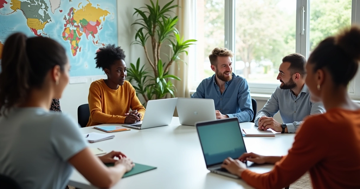 Reunião multicultural com pessoas de diferentes etnias conversando em círculo 