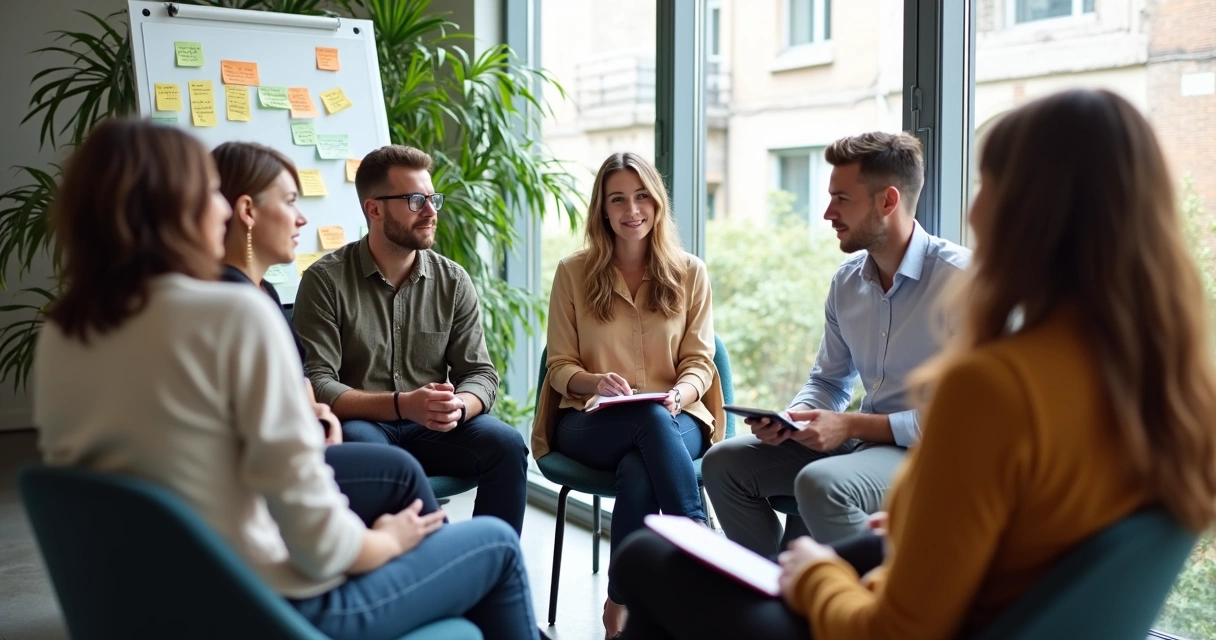 Reunião de equipe em um escritório moderno, com pessoas sentadas em círculo conversando 