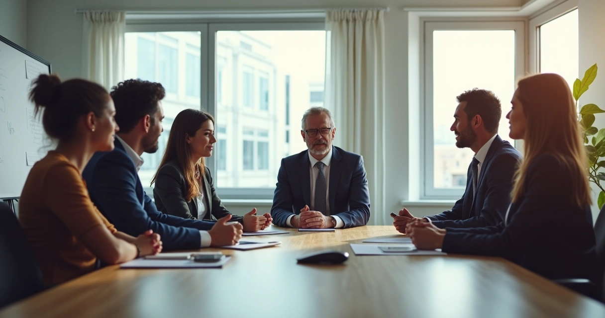 Equipe reunida conversando em uma sala de reunião iluminada 