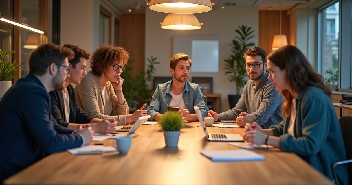 Equipe reunida conversando em volta de uma mesa de trabalho 