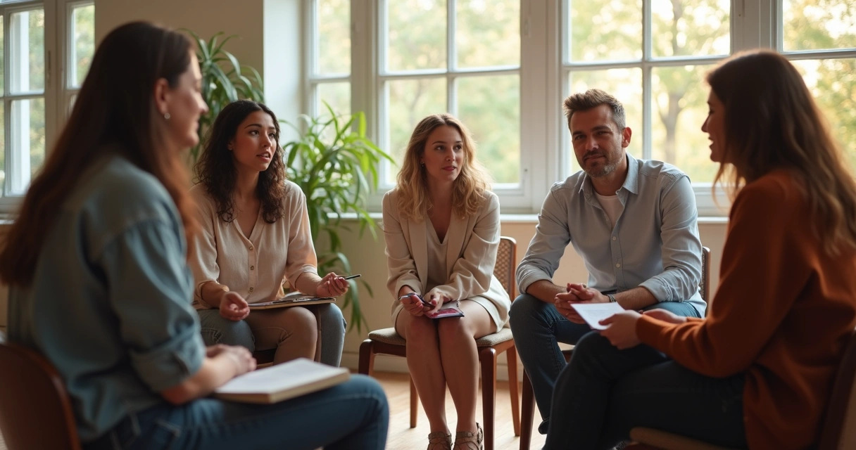 Grupo de pessoas em círculo conversando em uma sala clara 