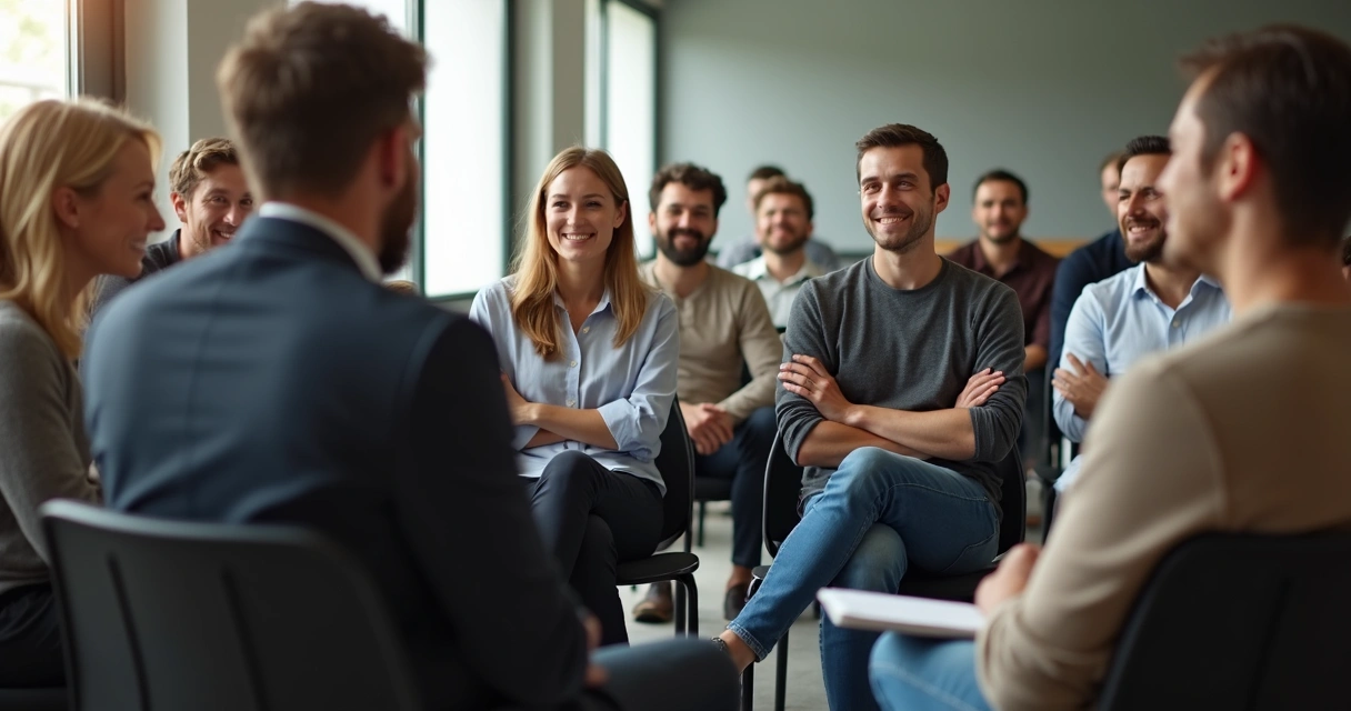 Equipe de trabalho sentada em círculo conversando ativamente 