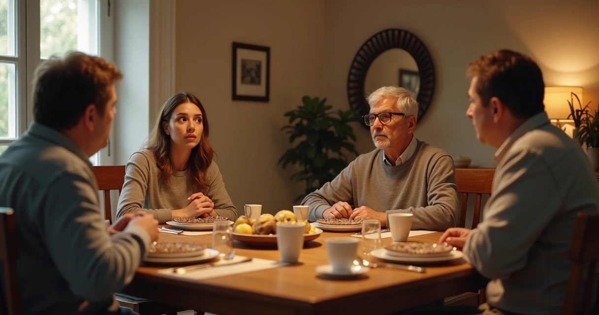 Familia reunida em conversa tensa na mesa
