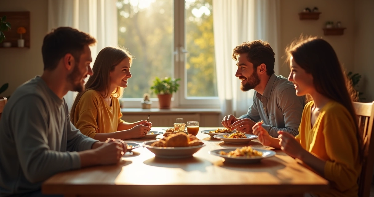 Familia reunida conversando na mesa de jantar 