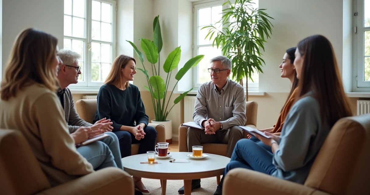 Grupo em conversa atenta em ambiente claro