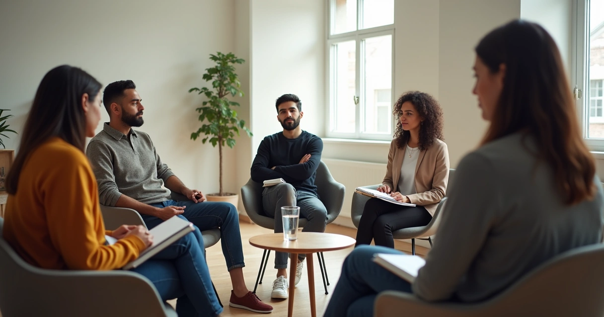 Grupo em conversa calma durante mediação
