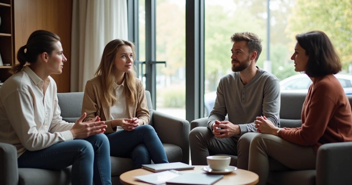 Pessoas conversando em grupo em ambiente interno