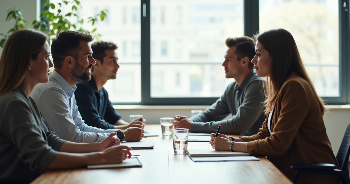 Grupo em conversa calma em mesa de trabalho 