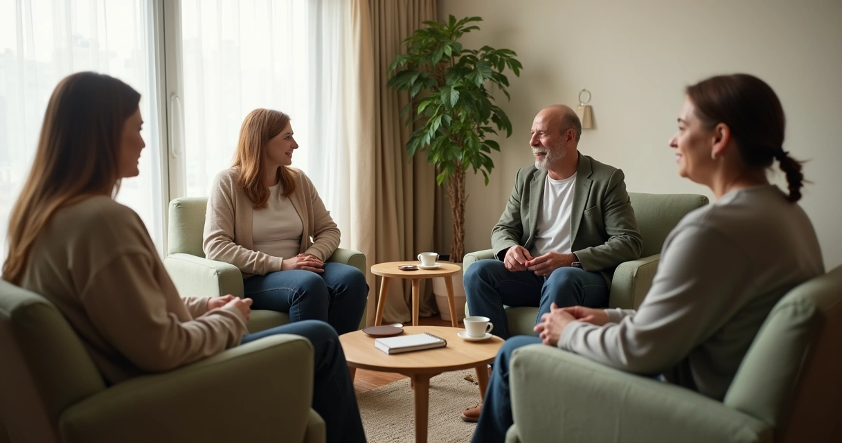 Grupo pequeno conversando em ambiente acolhedor