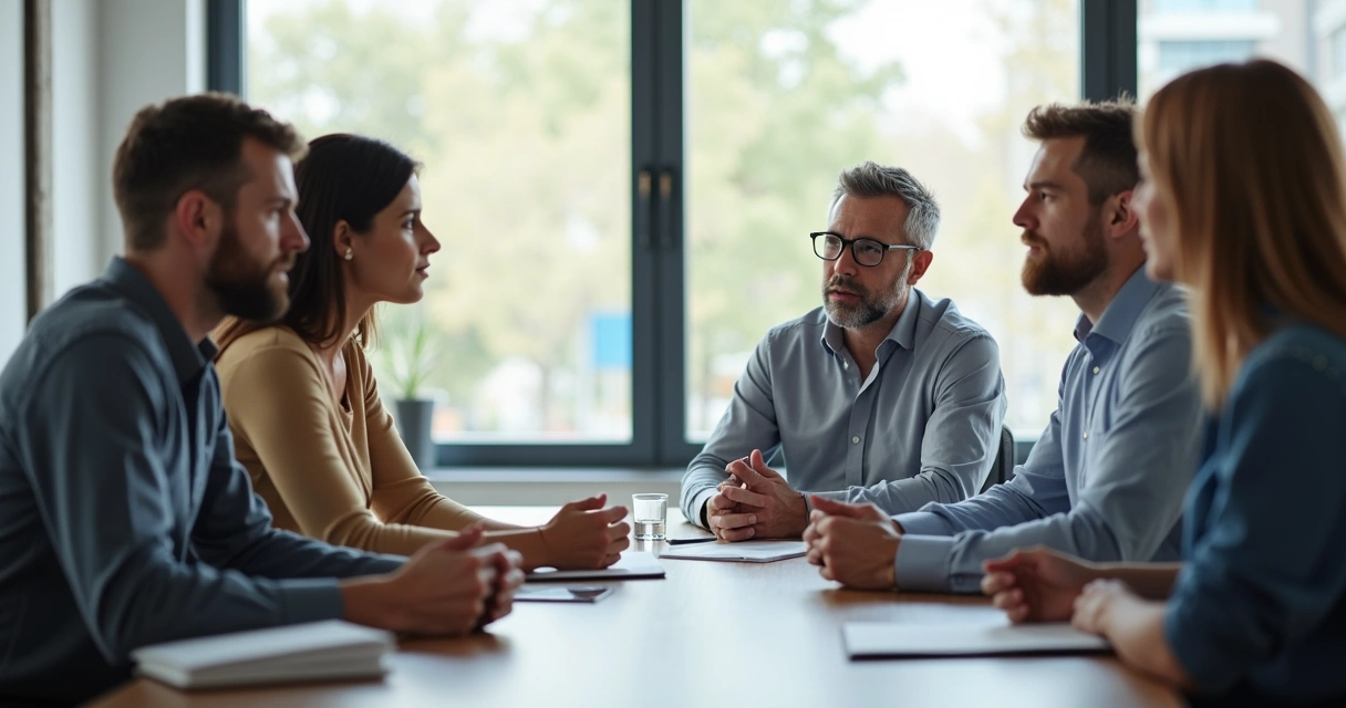 Grupo em conversa respeitosa em ambiente profissional