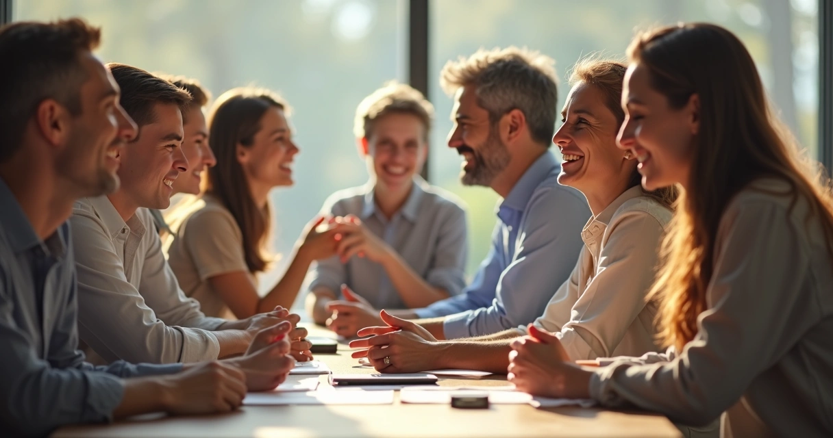 Grupo de pessoas sentadas conversando e sorrindo, mas uma pessoa parece distante 