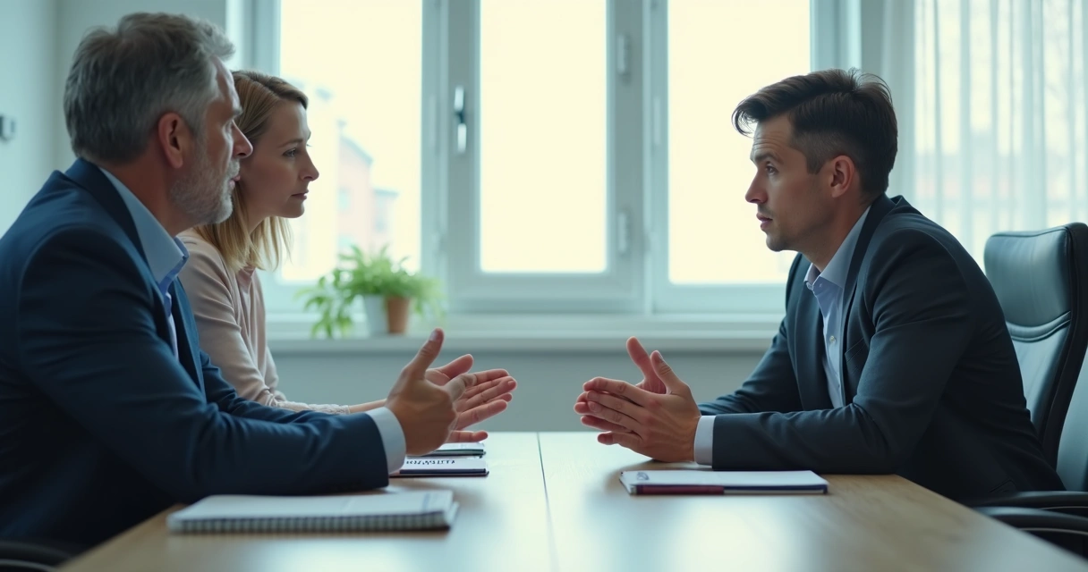 Duas pessoas em conversa séria numa sala de reunião