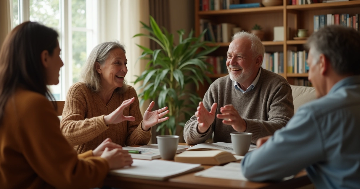 Pessoas conversando em círculo com gestos e expressões diversas 