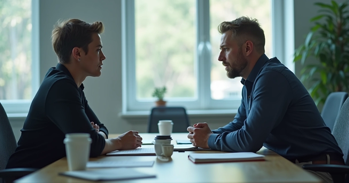 Duas pessoas em conversa tensa em um ambiente de trabalho 