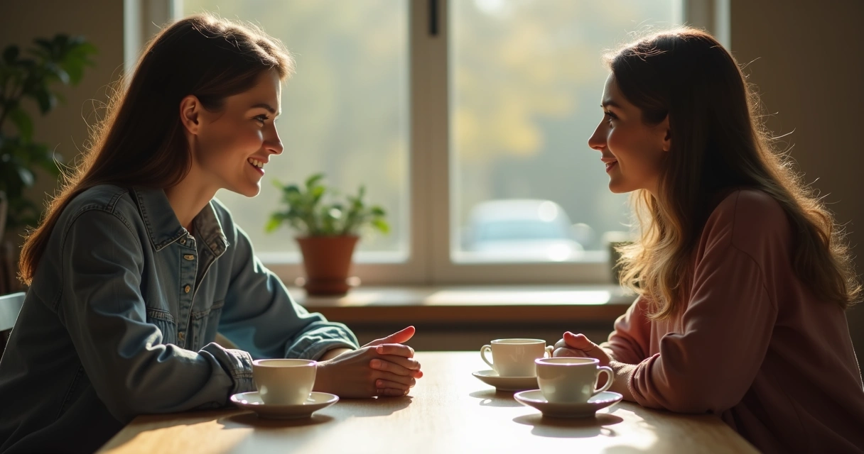 Dupla de pessoas conversando calmamente em sala aconchegante