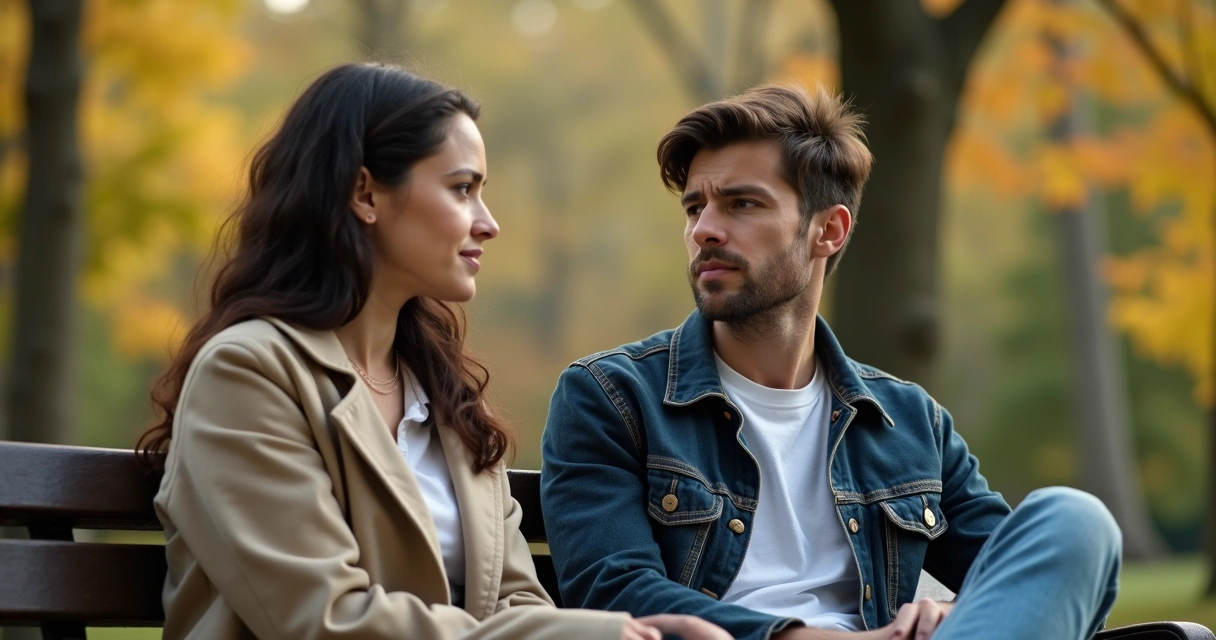 Dois amigos conversando sentados em um banco de praça 