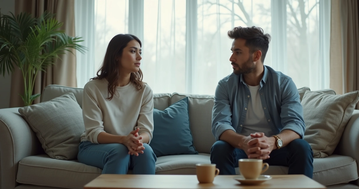 Casal sentado conversando com tensão emocional em sala clara 
