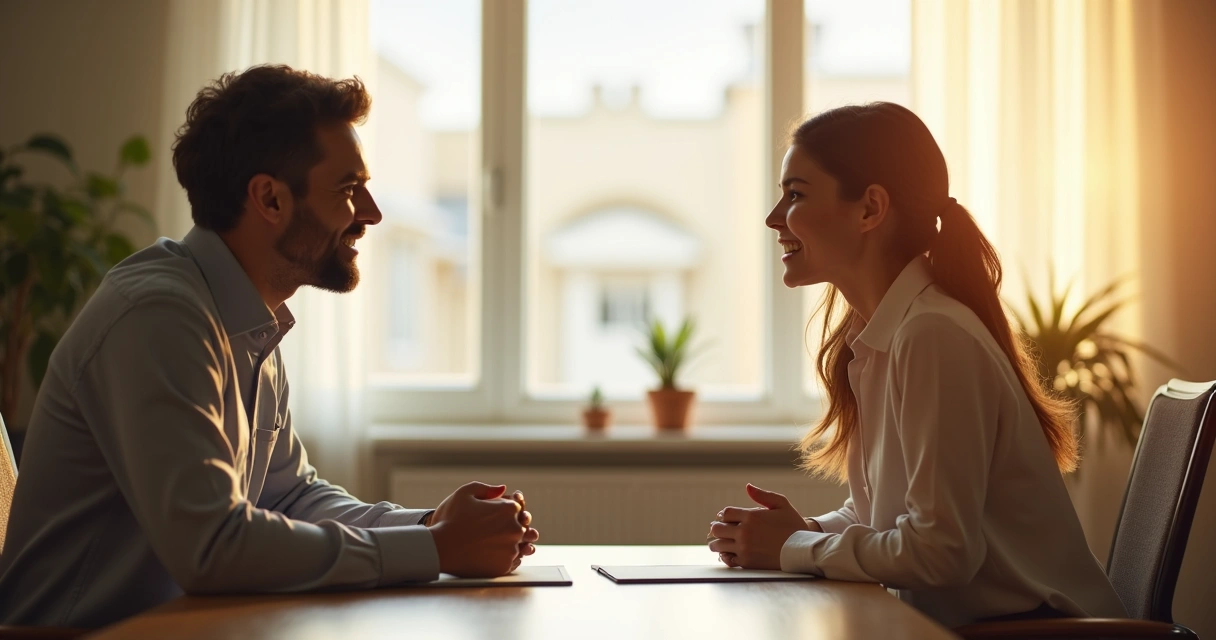 Duas pessoas sentadas conversando de forma empática com expressões suaves