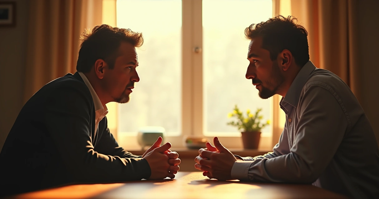 Duas pessoas em mesa conversando em tom sério, ambiente iluminado por luz natural 